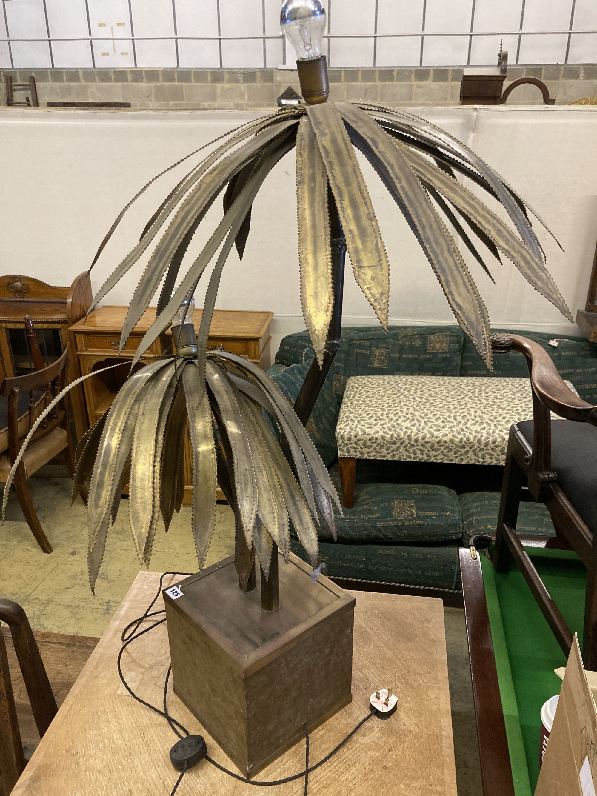 A Maison Jansen brass and steel double palm floor lamp, height 110cm